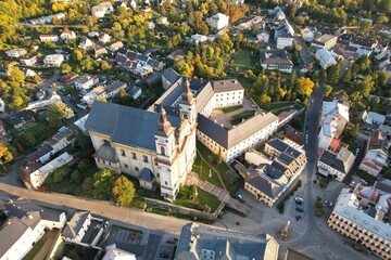 Moravsky Sternberk aerial panorama landscape view of old historical town, churches, cathedral and castle,Bohemia, Czech republic,Europe