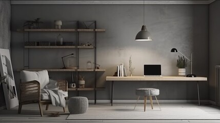 Cozy office interior background, wall mockup, 3d render. Decor concept. Real estate concept. Art concept.