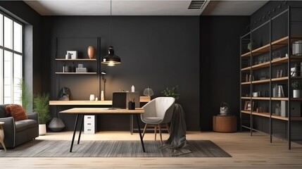 Cozy office interior background, wall mockup, 3d render. Decor concept. Real estate concept. Art concept.