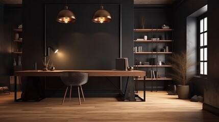 Cozy office interior background, wall mockup, 3d render. Decor concept. Real estate concept. Art concept.
