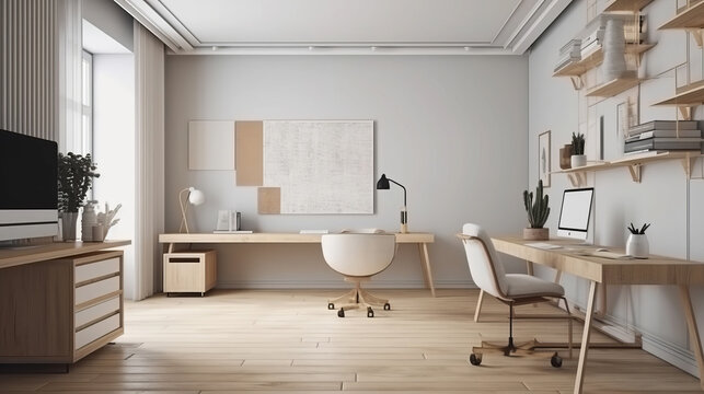 Cozy office interior background, wall mockup, 3d render. Decor concept. Real estate concept. Art concept.