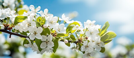 Apple tree branch blossoming in sunny garden
