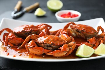 Delicious boiled crabs with sauce and lime on black table, closeup