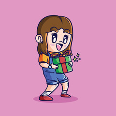 Fototapeta premium Vector illustration cartoon of kid holding christmas gift boxes. A cute Girl holding gift box. Merry Christmas and Happy New Year vector illustration