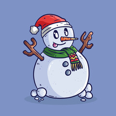 Snowman with Santa claus hat and scarf isolated on light blue background. Cartoon Vector illustration.