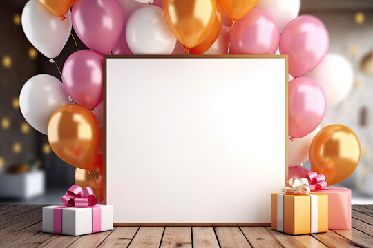 colorful balloons, gift boxes and balloon decoration on a wooden table with blank white card. 