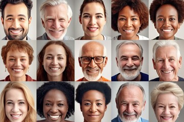 Obraz premium Happy Different Nationalities Kids and Adults Group Headshots in Mosaic Collage Collection. Lots of Smiles.