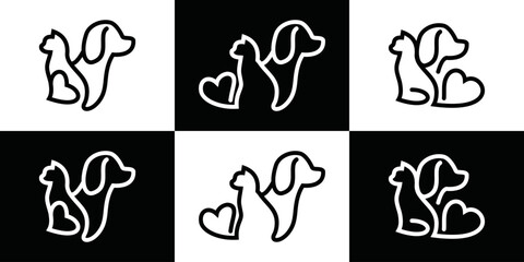 dog and cat logo design. vector design illustration of dog and cat element symbols with love. pet care white linear style. logo for pets