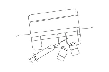 One continuous line drawing of Pharmaceuticals and medication. Medical concept. Doodle vector illustration in simple linear style.