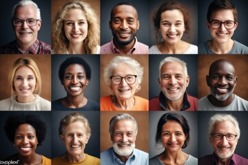 Fototapeta premium Happy Different Nationalities Kids and Adults Group Headshots in Mosaic Collage Collection. Lots of Smiles.