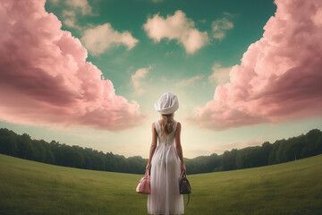 surreal image of woman in white dress, bag on her head, in front of a mirror without reflection on green meadow background of pink clouds - obrazy, fototapety, plakaty