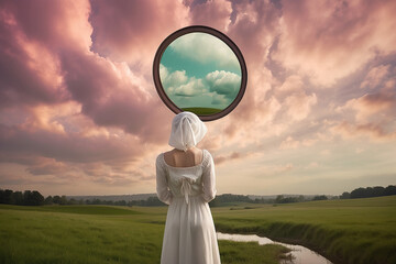 surreal image of woman in white dress, bag on her head, in front of a mirror without reflection on green meadow background of pink clouds