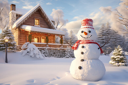 a snowman in front of a house in the snow