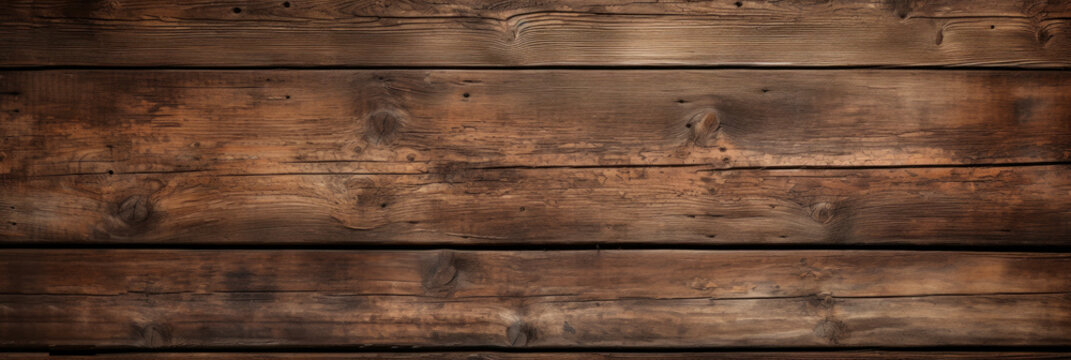 Old dark wood planks texture background, vintage brown wooden long boards of barn wall. Panoramic wide banner. Theme of rustic design, nature, wallpaper, woodgrain, material