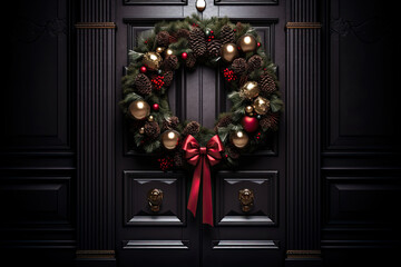 christmas wreath on a black door with christmas decorations