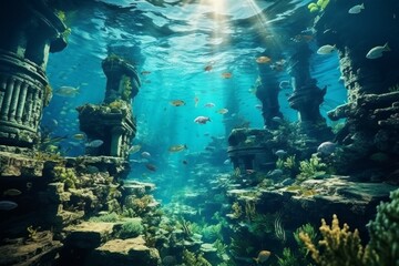Naklejka na ściany i meble Legendary Atlantis. The sunken continent of an ancient highly developed civilization. Underwater historical discoveries