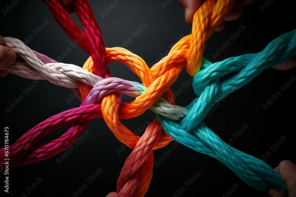 Poster different ropes are woven into a knot. teamwork concept. background with selective focus and copy sp