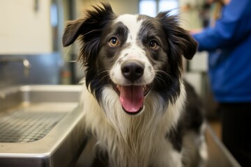 Happy dog at the veterinarian's appointment. Portrait with selective focus and copy space