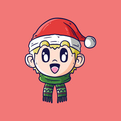 Cute Cartoon Vector Illustration of little kid head in Christmas costumes. Cartoon Vector Illustration of Christmas concept kid figure dressed as Santa