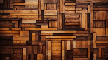 Abstract brown wooden glazed glossy decorative glamour mosaic tile wall texture with geometric shapes - Wood background illustration. Decor concept. Wallpaper concept. Art concept. Building concept.