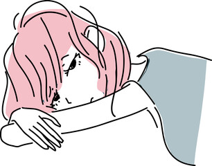 眠いおしゃれな女性の線画・ラフなイラスト