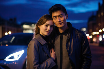 Stylish and attractive couple driving an electric car in night city streets