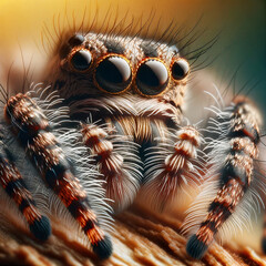 close-up of a detailed jumping spider on natural backdrop, generative ai