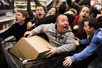 Black Friday Madness: people fighting at the store for rebated items - obrazy, fototapety, plakaty