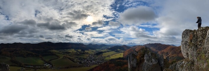 Aerial panoramia view of Mala Fatra and Carpathian mountain range in northern Slovakia, showing...