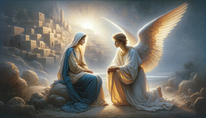 Moments of The Annunciation between the Blessed Virgin Mary and the Archangel Angel Gabriel. - obrazy, fototapety, plakaty
