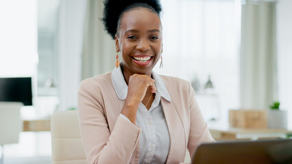 Portrait, black woman and hands on chin for business, motivation and positive mindset in digital...