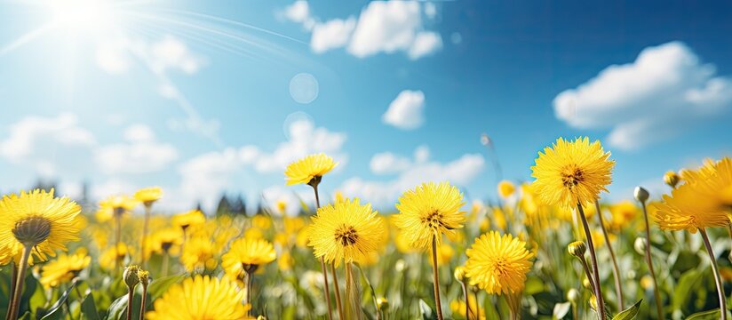 Bright yellow dandelions blossoming in a sunny spring meadow