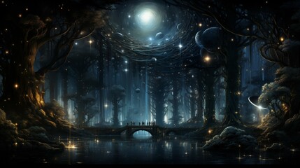 image of a Fantasy Forest that is illuminated by the moon, luminous spheres, dark sky-blue and dark bronze, dreamlike figures, Artistic concept, Generated AI