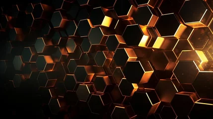 Fotobehang Abstract futuristic luxurious digital geometric technology hexagon background banner illustration 3d - Glowing gold, black hexagonal 3d shape texture wall. Decor concept. Wallpaper concept.Art concept © IC Production