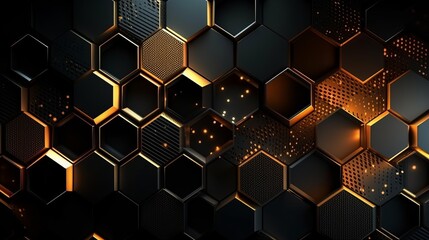 Abstract futuristic luxurious digital geometric technology hexagon background banner illustration 3d - Glowing gold, black hexagonal 3d shape texture wall. Decor concept. Wallpaper concept.Art concept - obrazy, fototapety, plakaty