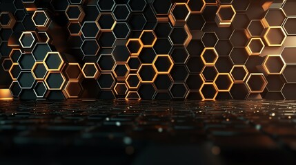 Abstract futuristic luxurious digital geometric technology hexagon background banner illustration 3d - Glowing gold, black hexagonal 3d shape texture wall. Decor concept. Wallpaper concept.Art concept