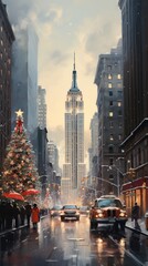 Obraz premium Snow-covered streets of New York with the iconic Empire State Building in view.
