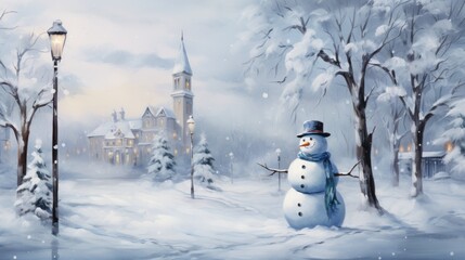 Snow-covered landscape with picturesque town view, frosty trees and charming snowman standing next to a vintage lamppost. 