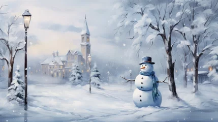 Poster Snow-covered landscape with picturesque town view, frosty trees and charming snowman standing next to a vintage lamppost.  © Liana