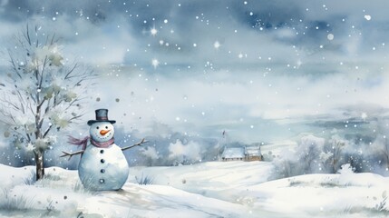 Obraz premium Peaceful winter panorama showcasing a smiling snowman with a snow-covered landscape and village in the distance. 