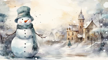 Rollo Snowman in vintage hat stands amidst a snowy village landscape with cozy homes and a distant church.  © Liana