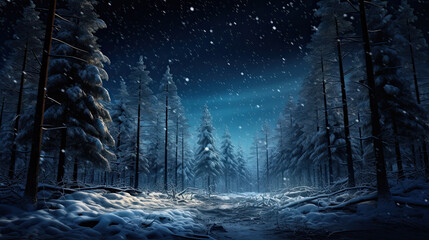 winter forest at night with lights
