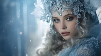 The frozen princess in a white dress in the style of fantasy characters, close-up shots