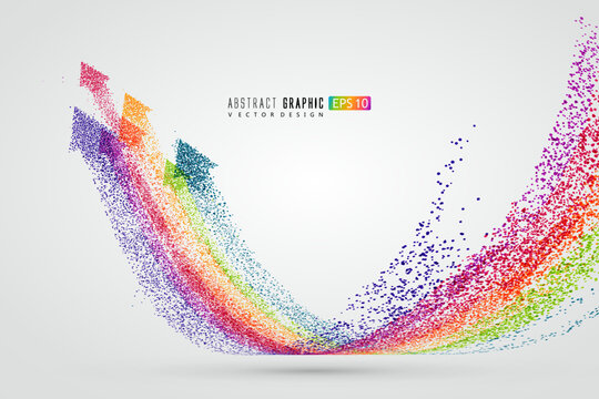 Countless colorful particles form a rainbow-shaped arrow, symbolizing rise and development, vector graphics.