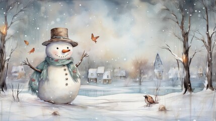 Calm winter landscape with a smiling snowman amidst a snow-covered field and birds flying overhead.
