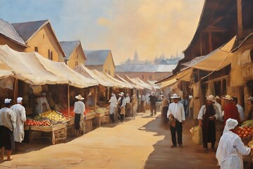 canvas texture oil painting. Conceptual abstract picture of traditional market in  1800. Conceptual abstract closeup of an oil painting  on canvas.