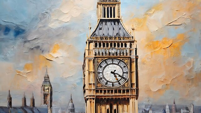 canvas texture oil painting. Conceptual abstract picture of the Big Ben Clock Tower in London, UK, on a bright day. Conceptual abstract closeup of an oil painting  on canvas.