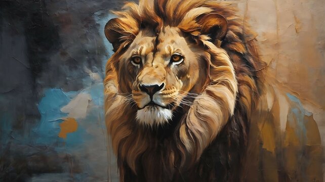 canvas texture oil painting. Conceptual abstract picture of the lion with crown. Conceptual abstract closeup of an oil painting  on canvas.