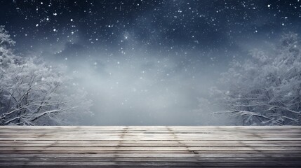 Naklejka na ściany i meble Winter Table - Snowy Plank With Snowfall In The Cold Sky, generative ai