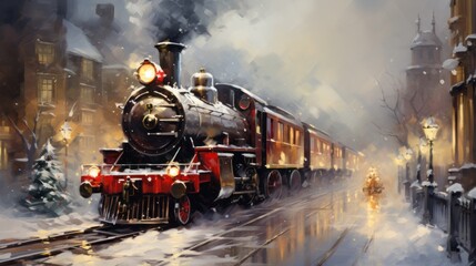 Old locomotive makes its way through a snow-covered town, emitting steam, with holiday lights on.
